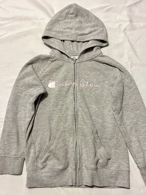 Champion Girls Heather Gray Zip Up Hoodie Pink Logo - Size M
